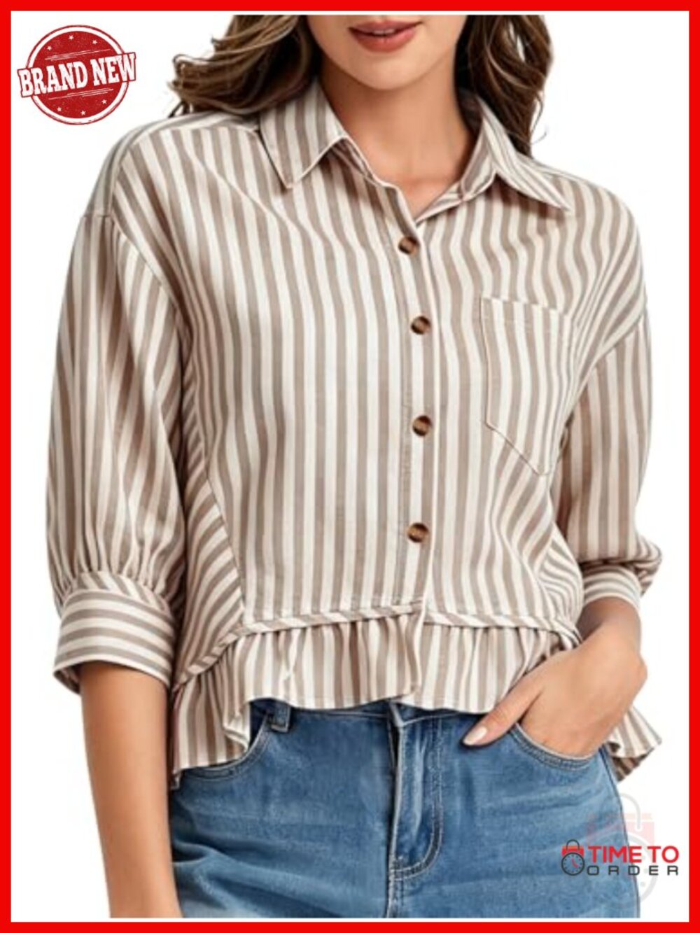 Cotton Striped Button Down Crop Top Ruffle Hem 3/4 Sleeve Blouse